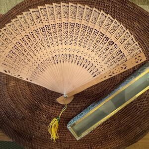 Vintage Chinese Wooden Folding Hand Fan with Original Glass Top Box